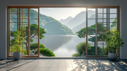 view form window,minimalist wallpeper of zen gerden japan,copy space.  - obrazy, fototapety, plakaty