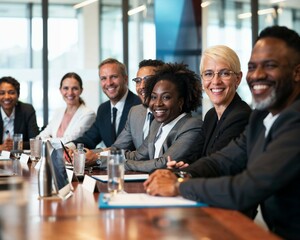 A diverse group of Black, White, Hispanic, and mixed individuals collaborate in a business meeting. Ideal for themes of workplace diversity, teamwork, and professional success.