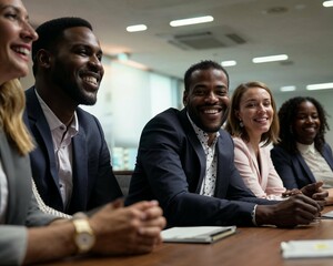A diverse group of Black, White, Hispanic, and mixed individuals collaborate in a business meeting. Ideal for themes of workplace diversity, teamwork, and professional success.