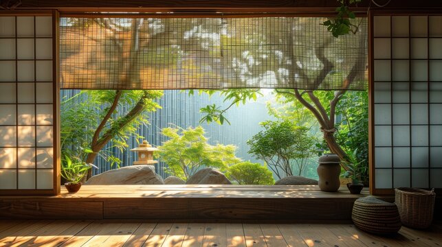 view form window,minimalist wallpeper of zen gerden japan,copy space. 