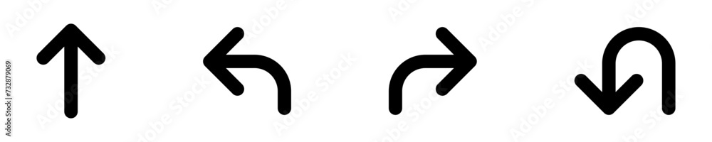 Poster go straight this way one way only u turn left and right black arrow sign direction icon set. vector 