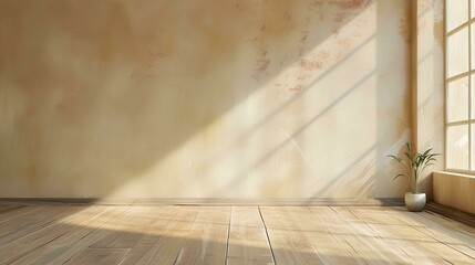 Empty room with window shadow sunlight wooden floor. 3d render illustration mock up