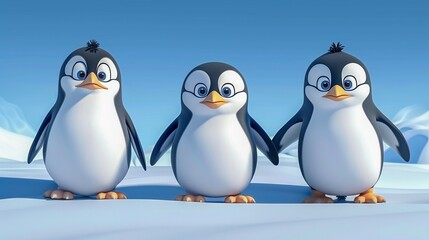Fototapeta premium Cartoon illustration of three happy little penguins playing on the ice