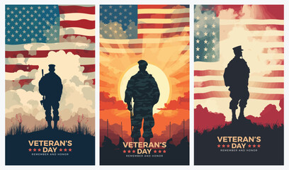 Naklejka premium Veterans day illustrations background design with american flag and silhouette of soldier 