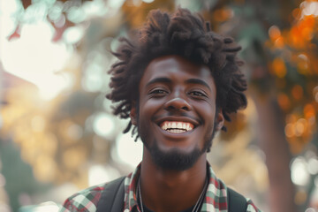 young smiling black man in his twenties dreadlocks plaid shirt happy summer playful smile laugh closeup shot of a young afro amercian outdoors happiness cheerful - Powered by Adobe