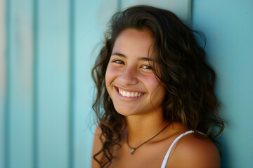portrait of a smiling hispanic teenager happy girl child wearing strappy top in summer playful smile against blue wall closeup shot of a young latina teen outdoors happiness cheerful