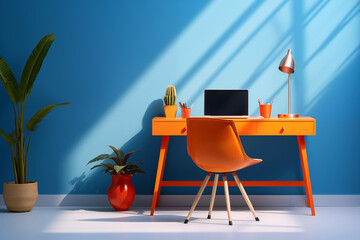 office interior with table, blue wall, orange chair and desk, lamp, plants, open laptop, and design objects, modern comfortable design vivid teleworking set with pop inspiration candy colors