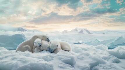 Tender Polar Bear Mother and Cubs Cuddling on Snowy Bed AI Generated.