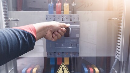 The electrician on hand to switching breaker on off.selective focus on finger switch.