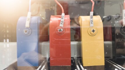 copper busbars in electrical power distribution cabinet for main panel control centers.