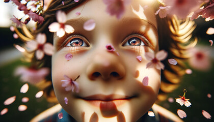 桜の花びらが散る様子を見つめる子供 - obrazy, fototapety, plakaty