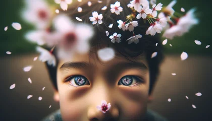 Fotobehang 桜の花びらが散る様子を見つめる子供 © shiro