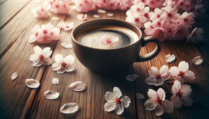 Obraz na płótnie Canvas 木のテーブルに置かれたコーヒーと桜