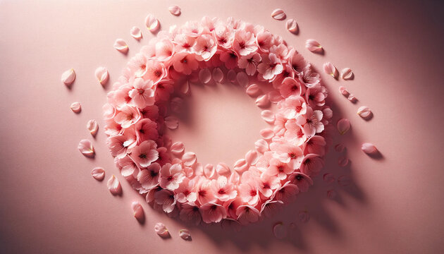 桜の花を円形に並べたピンクのテーブル