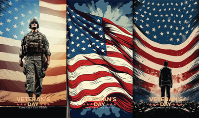 Veterans day illustrations background design with american flag and silhouette of soldier	
 - obrazy, fototapety, plakaty