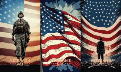 Fotobehang Veterans day illustrations background design with american flag and silhouette of soldier   © Garen Buhit