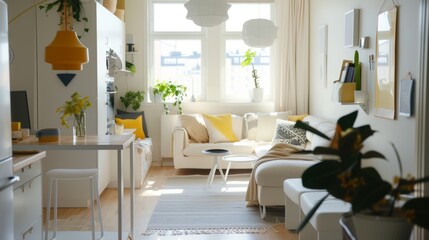 Clever Space-Saving Small Apartment with Modern Furniture AI Generated. - obrazy, fototapety, plakaty