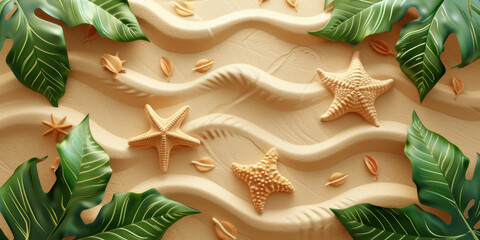 Fototapeta na wymiar Top view starfish and tropical leaves on the sand beach background, Summer holiday vacation concept