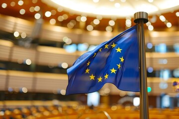 EU flag in front of empty European Parliament hall - obrazy, fototapety, plakaty