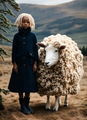 the child and sheep.cute children in beautiful dresses walking on a farm feeding a goats.