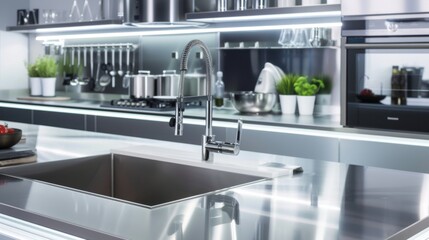 Sleek Kitchen Design with Modern Countertops and Stainless Steel Appliances AI Generated. - obrazy, fototapety, plakaty