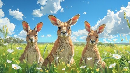 Three cute kangaroos cartoon style in a meadow in bright sun