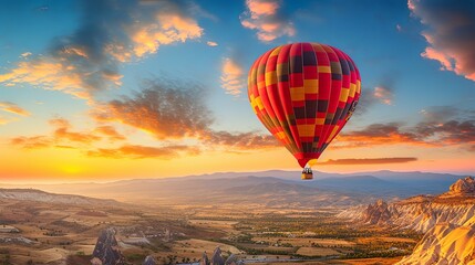Obraz premium Bright Red, Orange, Yellow Hot Air Balloon Floating in the Sky at Sunrise