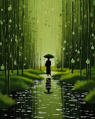 person under umbrella.Enter the Digital Wilderness: A Futuristic Landscape of Digital Forests Blending Nature and Technology, Where Electronic Screens Create Surreal Ecosystems of Tomorrow.