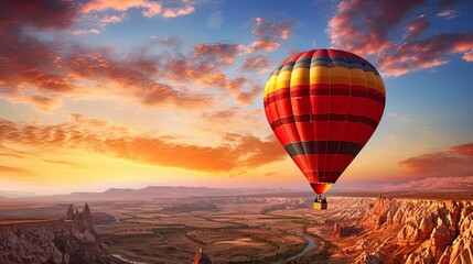 Bright Red, Orange, Yellow Hot Air Balloon Floating in the Sky at Sunrise