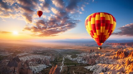 Obraz premium Bright Red, Orange, Yellow Hot Air Balloon Floating in the Sky at Sunrise