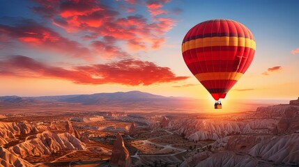 Obraz premium Bright Red, Orange, Yellow Hot Air Balloon Floating in the Sky at Sunrise
