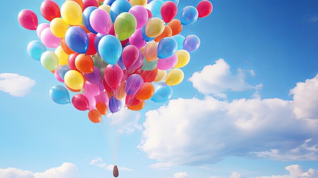 Bunch of colourful balloons floating in the sky on a sunny day