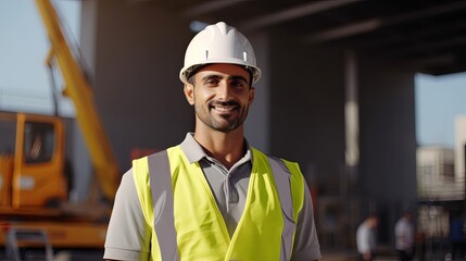 Civil Engineer Hispanic smiling with Constuction backgrounds, use for banner cover. Success in target of project goal Handsome Middle Eastern worker.