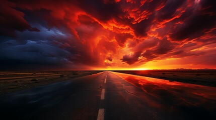 Dark Dramatic Sky Horizon Epic Sunset Clouds Landscape with Black Asphalt Floor