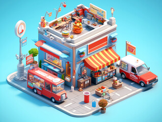 3d isometric illustration stand alone local shops restaurant, stalls and food truck with seating and payment by Electronic payments with blue color scheme on blue background franchise business concept - obrazy, fototapety, plakaty