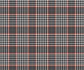 Plaid fabric pattern, black white orange yellow seamless background for textile, clothing design, skirt, pants. Vector illustration.