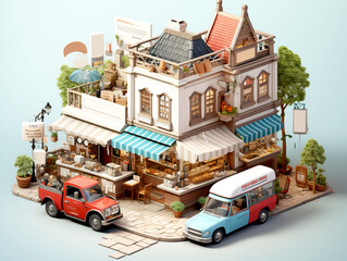 Obraz na płótnie Canvas 3d isometric illustration Coffee shop café and restaurant buildings at the corner with Electronic payments on pastel light blue background