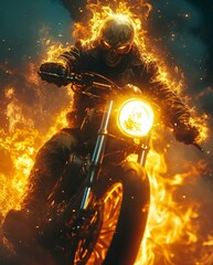 motorcycle on fire.motorcycle in the night.Motorcycle running at high speed with fire background, action movie style concept.