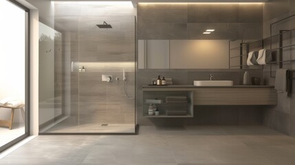 Serene and Minimalist Bathroom with Floating Vanity and Frameless Glass Shower AI Generated.
