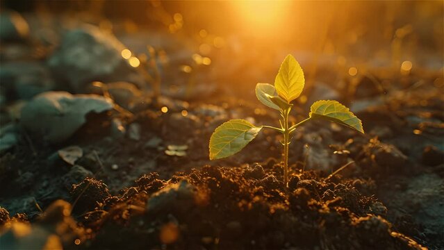 Green sprout growing from soil on sunset background, new life concept