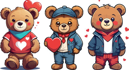 Vector illustration of teddy bears with heart-shaped balloons, ideal for Valentine's Day