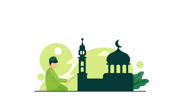 Animated young boy reading qur an. Ramadan kareem activities Suitable for ramadan activity,
moslem education, banner and poster.