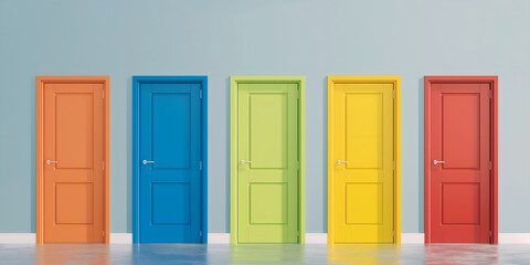 Row of five colorful doors in orange, blue, green, yellow, and red against a blue wall. Choice concept
