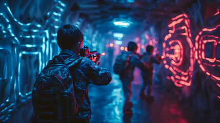 Boys playing laser tag in neon arena. View from behind - obrazy, fototapety, plakaty