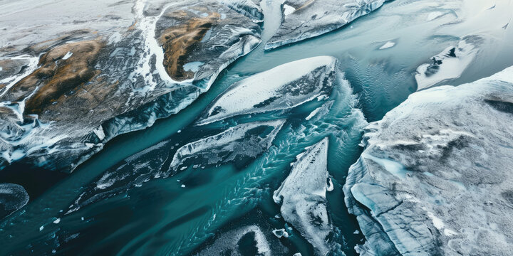 An aerial photograph of glaciers releasing rivers of ice