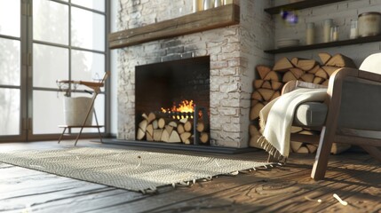 Fototapeta na wymiar Cozy Corner Fireplace with Comfortable Armchair AI Generated.