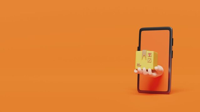 cartoon hands holding goods box with mobile phone, smartphone isolated on orange background. Online delivery or order tracking or fast package transport concept, 3d illustration render, alpha channel