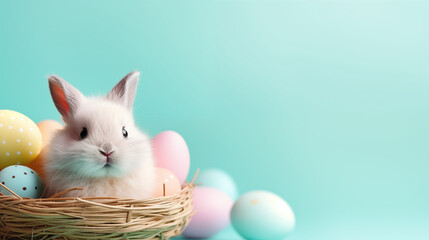 Easter concept, Cute bunny and easter egg in basket on pastel color background, Happy easter