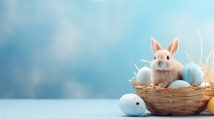 Cute bunny rabbit and eggs in the basket on blue background with text space. Happy easter concept.