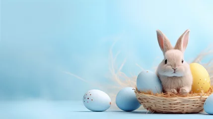 Poster Cute bunny rabbit and eggs in the basket on blue background with text space. Happy easter concept. © Nittaya